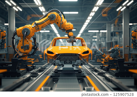 Assembly line of high tech automobile production facility uses robots to assemble automobiles AI Generative Assembly line of high tech automobile production facility uses robots to assemble automobiles AI Generative 125907528