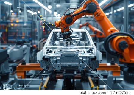 Auto industry robots assemble cars on high tech assembly line in modern automobile factory AI Generative Auto industry robots assemble cars on high tech assembly line in modern automobile factory AI Generative 125907531
