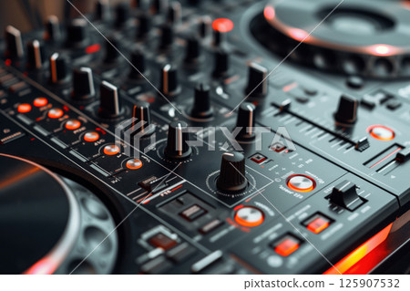 DJ mixer control panel with equalizer a musical console is used as an audio mixing controller in party AI Generative 125907532