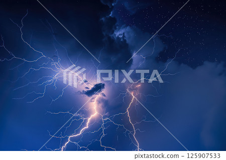 At night, sky is reflected lit by bright lightning during thunderstorm AI Generative 125907533