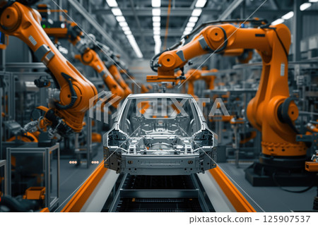 Assembling cars on high tech assembly line in an automobile factory is done by robots as part of modern automobile production AI Generative Assembling cars on high tech assembly line in an automobile factory is done by robots as part of modern automobile production AI Generative 125907537
