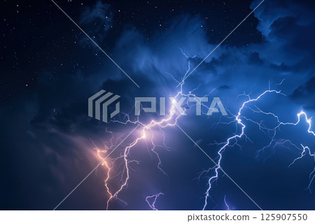 When thunderstorm occurs at night, sky is illuminated by bright lightning AI Generative 125907550