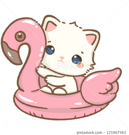 kawaii white cat on a pink flamingo floatie Hand drawn illustration pink summer pastel color isolated on transparent background, nursery decorations, summer kawaii white cat on a pink flamingo floatie Hand drawn illustration pink summer pastel color isolated on transparent background, nursery decorations, summer 125907563
