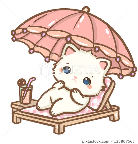 kawaii white cat under an umbrella Hand drawn illustration pink summer pastel color isolated on transparent background, nursery decorations, summer kawaii white cat under an umbrella Hand drawn illustration pink summer pastel color isolated on transparent background, nursery decorations, summer 125907565
