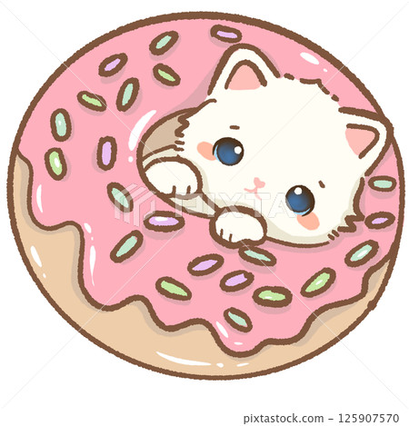 kawaii white cat poking its head out of a pink strawberry giant donut Hand drawn illustration pink summer pastel color isolated on transparent background, nursery decorations, summer 125907570