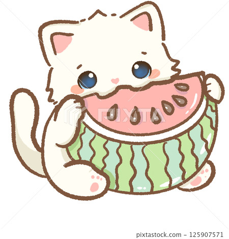 kawaii white cat eating a slice watermelon Hand drawn illustration pink summer pastel color isolated on transparent background, nursery decorations, summer kawaii white cat eating a slice watermelon Hand drawn illustration pink summer pastel color isolated on transparent background, nursery decorations, summer 125907571