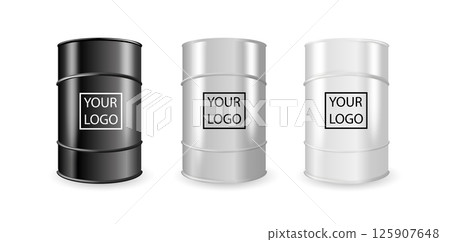 Realistic White, Steel and Black Metal Oil, Fuel, Gasoline Barrel Set Isolated. Design Template of Packaging for Mockup. Vector 125907648