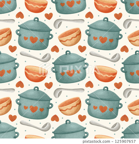 Seamless Kitchen Pattern with Pots, Bowls and Hearts Seamless Kitchen Pattern with Pots, Bowls and Hearts 125907657