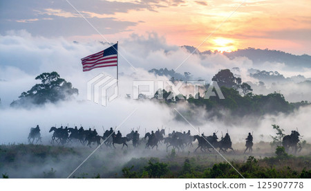soldiers marching with American flag, silhouetted against an orange sky. Generated Image 125907778