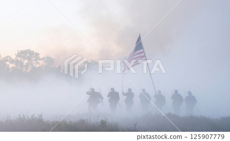 soldiers marching with American flag, silhouetted against an orange sky. Generated Image 125907779