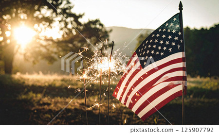 Cinematic Celebration with Sparklers on  American flag background. Generated Image 125907792
