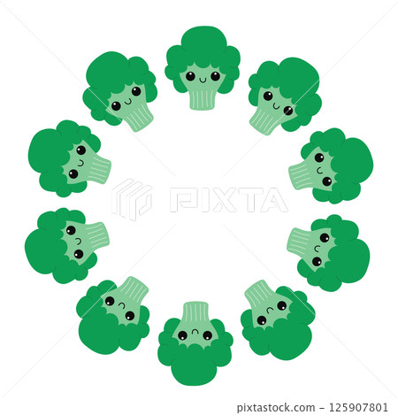 Broccoli wreath. Cute circle with kawaii broccoli. 125907801