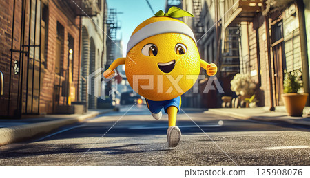 Yellow cartoom lemon running on city street. Sport concept Yellow cartoom lemon running on city street. Sport concept 125908076