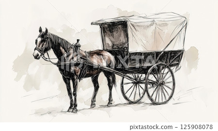 Black silhouette of horse and carriage on white background 125908078