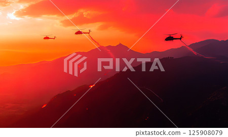 Helicopters fly over the mountains and put out the fire 125908079
