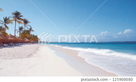 Long sandy beach with palm trees by the sea sunny clear day 125908080