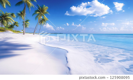 Long sandy beach with palm trees by the sea sunny clear day Long sandy beach with palm trees by the sea sunny clear day 125908095