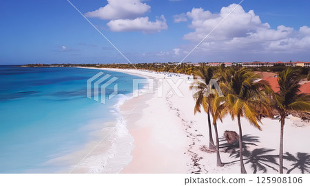 Long sandy beach with palm trees by the sea sunny clear day 125908106