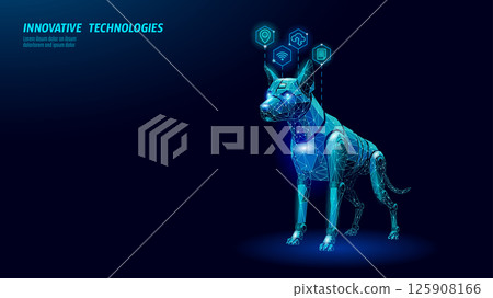 Robotic dog stands futuristic. Glowing blue lights shine bright. Technology pet security AI robotics concept. Low poly art geometric design dark blue background 125908166