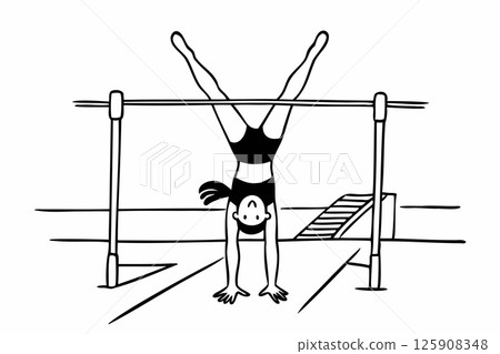 Female athlete performing a handstand on gymnastics bars, action-packed artwork 125908348