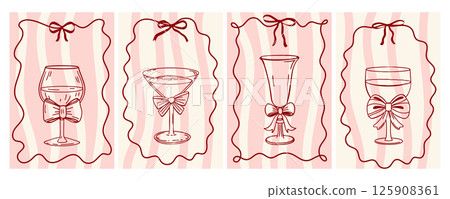 Hand drawn whimsical greeting cards with elegant wine glasses with bows in vintage  ribbon frames. Sketch in doodle style. 125908361