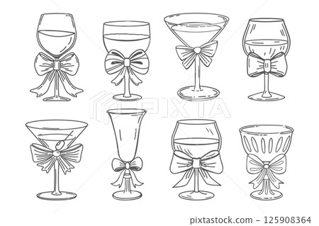 Collection of hand drawn elegant cocktail and wine glasses with bows. Sketch illustration. 125908364