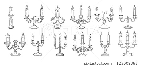 Collection of hand drawn vintage candelabra with lit candles. Sketch illustration. Collection of hand drawn vintage candelabra with lit candles. Sketch illustration. 125908365
