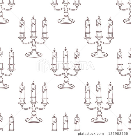 Seamless pattern with hand drawn vintage candelabra with lit candles. Sketch illustration. Seamless pattern with hand drawn vintage candelabra with lit candles. Sketch illustration. 125908366