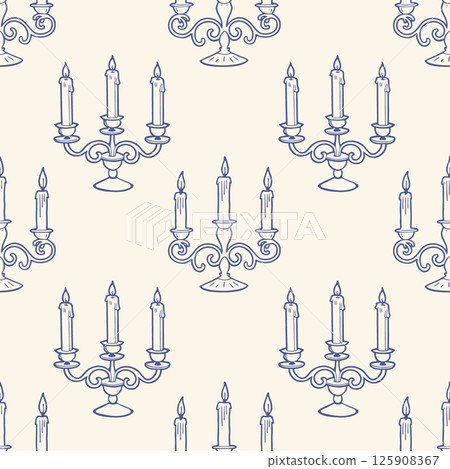 Seamless pattern with hand drawn vintage candelabra with lit candles. Sketch illustration. 125908367