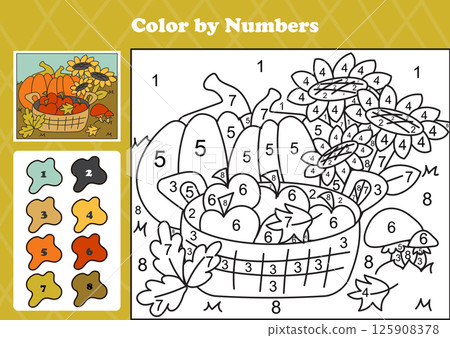 Cozy autumn garden scene with sunflowers, pumpkins, apples, and mushrooms as a color by numbers activity 125908378