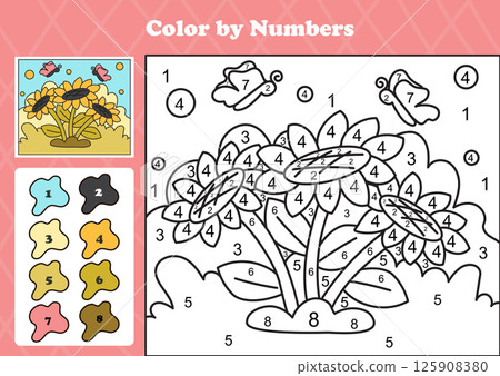 Cozy sunflowers and butterflies in a garden, fun printable color by numbers activity for kids 125908380