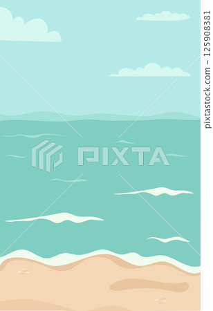 Seascape, coast with turquoise water, waves and sky with clouds. Vector illustration. Vertical poster background with marine nature 125908381