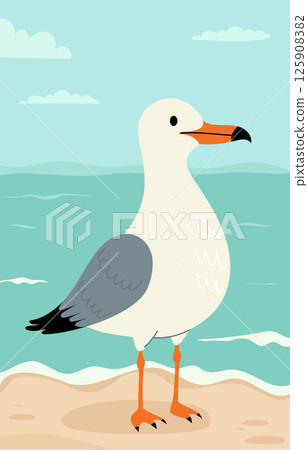 Seabird calm Seagull stands standing on sand near sea water. Seascape with turquoise water and sky with clouds. Vector illustration. Vertical poster background with marine nature and cute bird 125908382