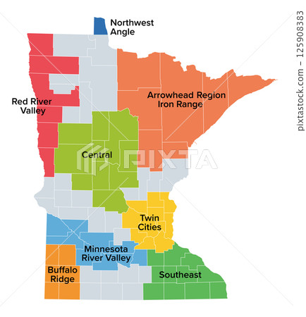 Regions of Minnesota, state in the Upper Midwest of the USA. Arrowhead Region or Iron Range, Buffalo Ridge, Central, Minnesota River Valley, Northwest Angle, Red River Valley, Southeast, Twin Cities. 125908383