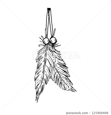 Hand drawn vector illustration of two decorative feathers with beads, in black and white. Suitable for textile prints, boho accessories, handmade projects, crafts, embroidery and fabric patterns. Hand drawn vector illustration of two decorative feathers with beads, in black and white. Suitable for textile prints, boho accessories, handmade projects, crafts, embroidery and fabric patterns. 125908406