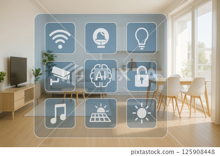 Smart home interface with AI and control icons overlayed on a modern living room interior. Automation and tech. 125908448
