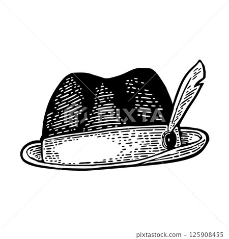 Hunter hat with feather. Vintage black engraving illustration. Isolated on white Hunter hat with feather. Vintage black engraving illustration. Isolated on white 125908455