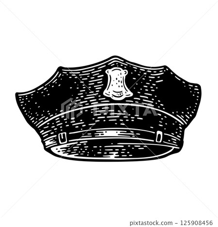 Police cap. Vintage vector monochrome engraving illustration isolated on white Police cap. Vintage vector monochrome engraving illustration isolated on white 125908456