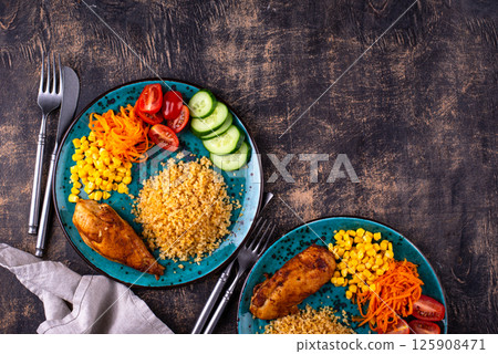 Healthybalanced food plate with chicken and vegetables Healthybalanced food plate with chicken and vegetables 125908471