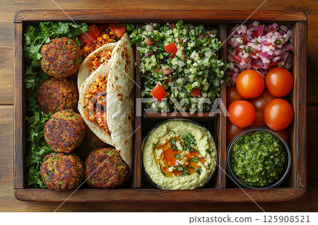 Falafel wrap, tabbouleh salad and hummus dip in a wooden lunch box. Middle Eastern lunch box. 125908521