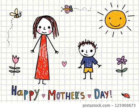 Cute Mom and Son Stick Figure Drawing, Mother's Day Hand Drawn Childish Greeting Card, Simple Children Doodles Background 125908673