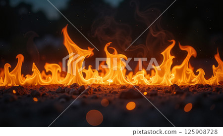 Fire Flames with Glowing Embers on Dark Background 125908728