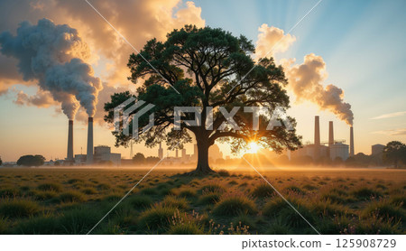 Tree with Split Foliage in Contrasting Landscape Scene Tree with Split Foliage in Contrasting Landscape Scene 125908729