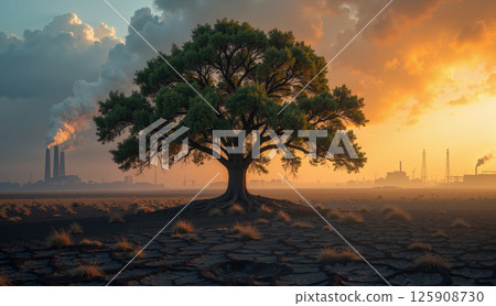 Tree with Sunlight and Industrial Background Environmental Contrast 125908730