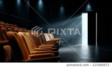 Dimly Lit Movie Theater With an Open Door Casting Light Into Empty Seating Area 125908873