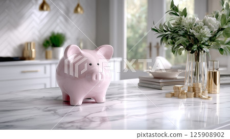 Decorative Pink Piggy Bank on a Marble Kitchen Counter With Flowers and Coins in the Background 125908902