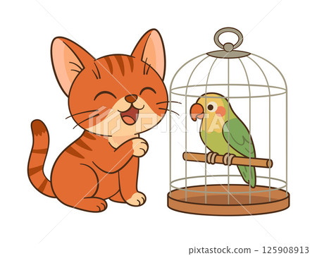 Ginger tabby kitten happily observing a colorful parrot in birdcage. Chibi Flat style icon 125908913