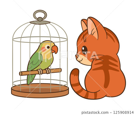 Ginger tabby kitten looking at a parrot in birdcage. Chibi Flat style icon 125908914