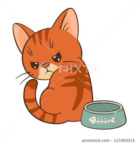 Angry orange tabby cat sits by an empty bowl. Kitten looks over his shoulder. Flat style Chibi cat 125908918