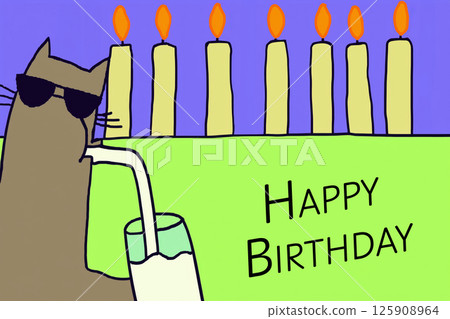 Cool cat wearing sunglasses drinking milk with birthday candles and happy birthday text 125908964